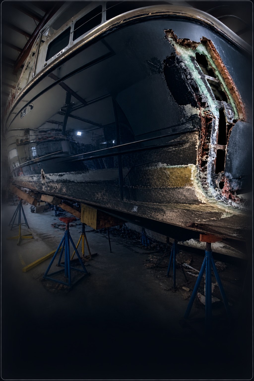 Boat hull under structural repair at Marine Fiberglass Innovations